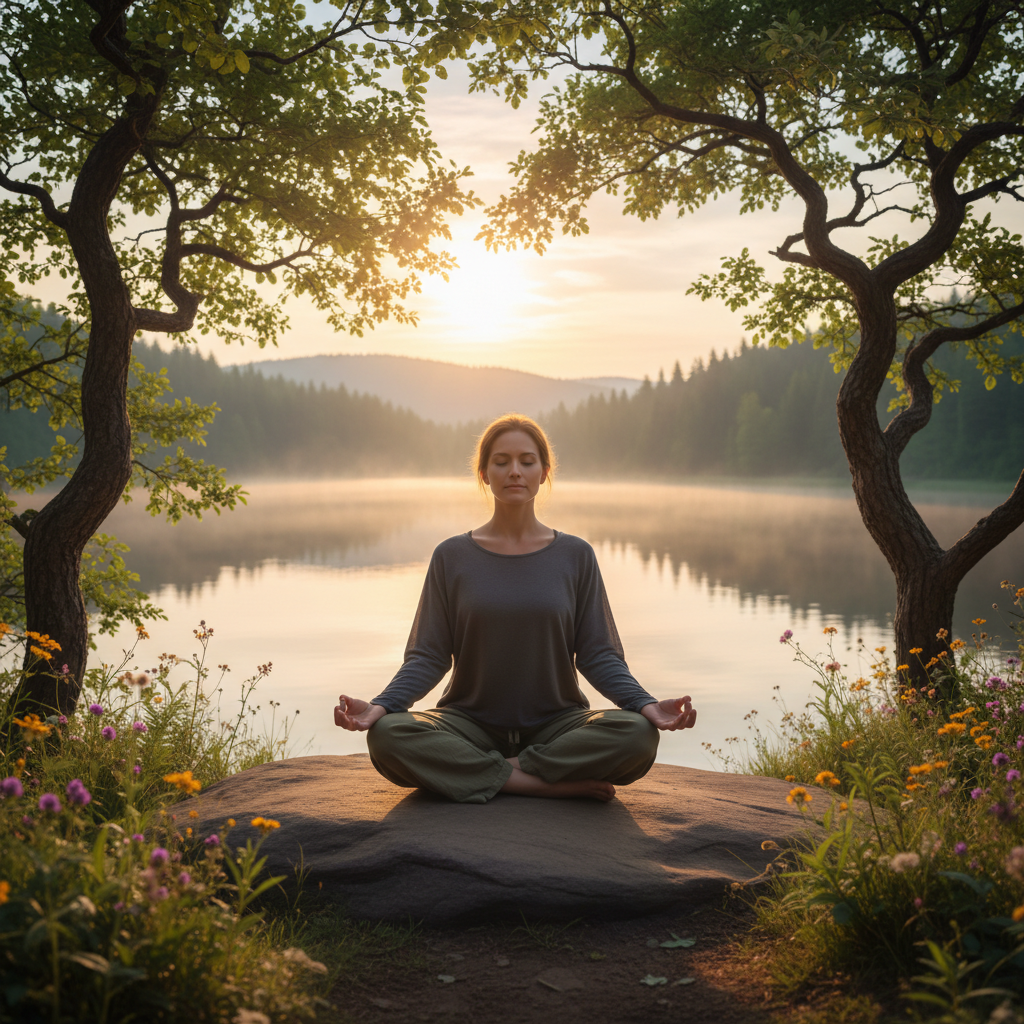 Person practicing outdoor meditation in a calm natural environment