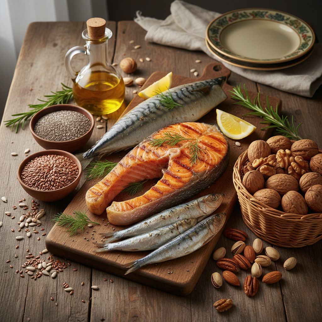 Assortment of fish, seeds and nuts representing natural sources of essential fatty acids