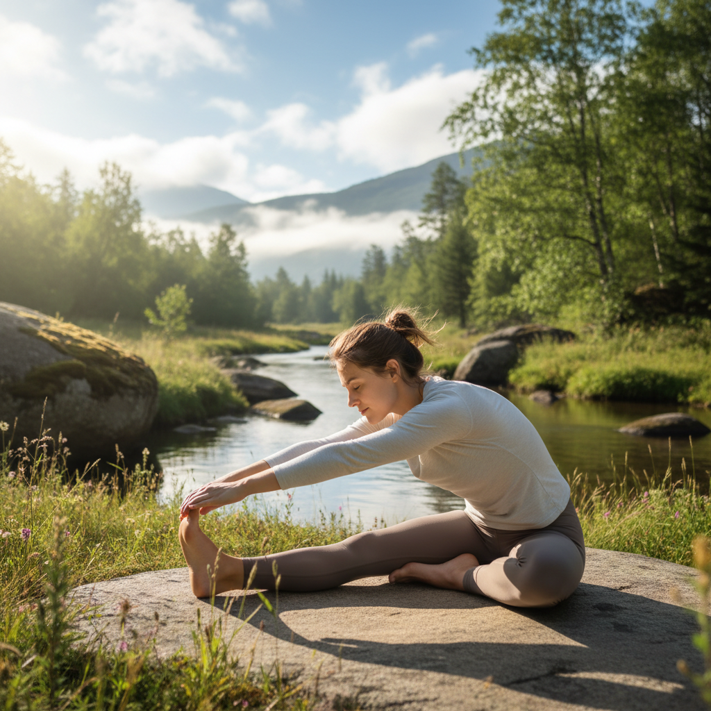 Individual practicing gentle yoga or stretching in an outdoor natural setting