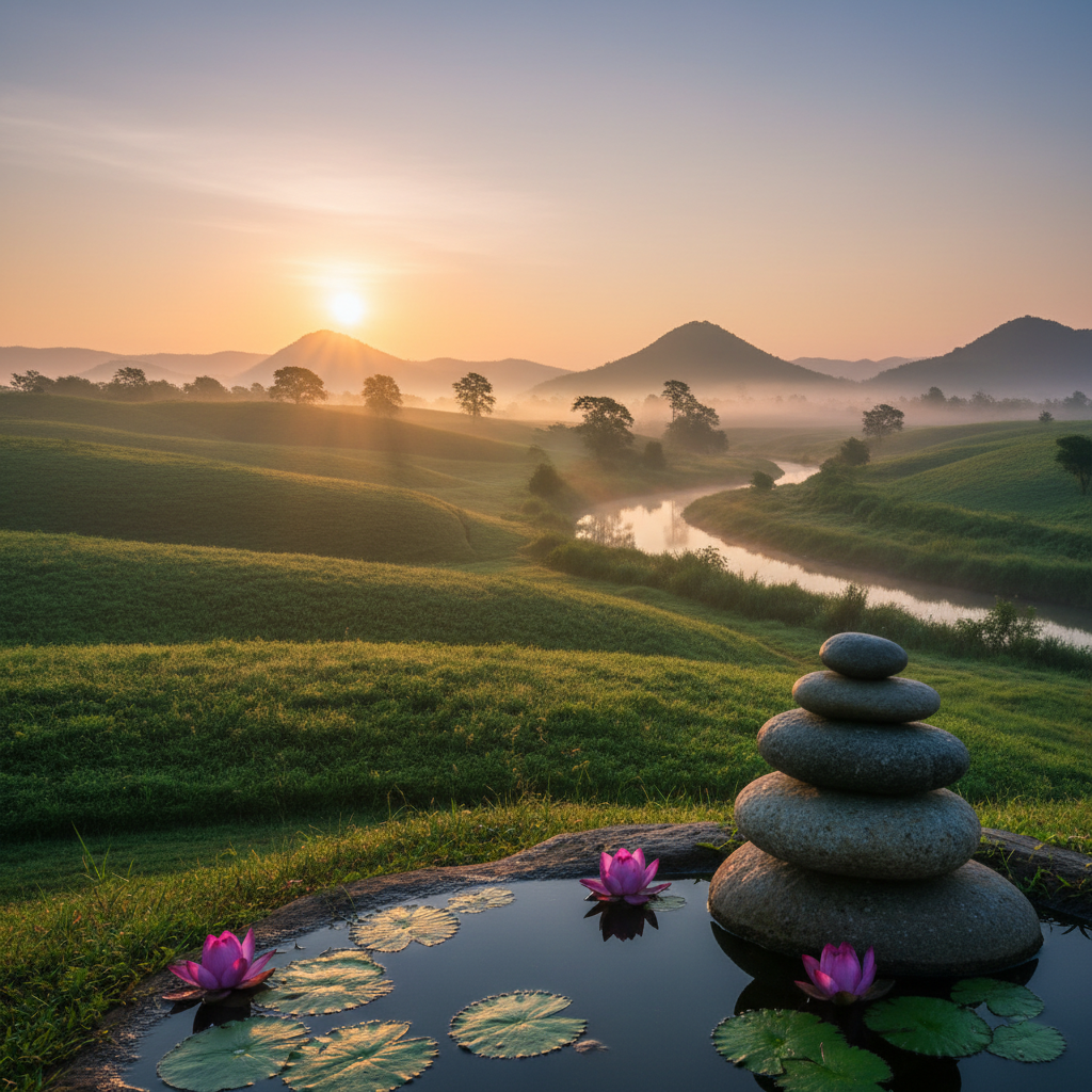 Serene natural landscape at sunrise representing vitality and balance